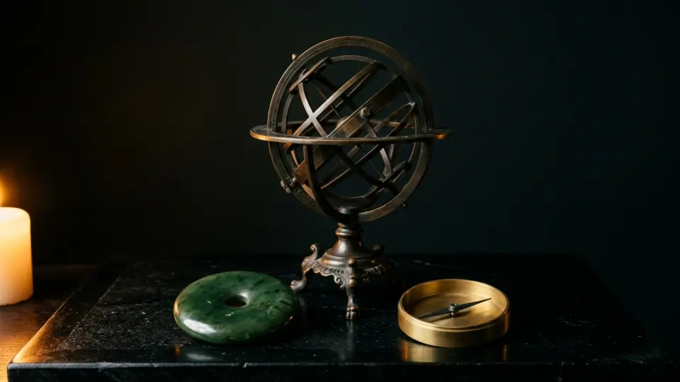 Classical bronze armillary sphere, green nephrite jade bi disc, and brass solar compass on an obsidian table