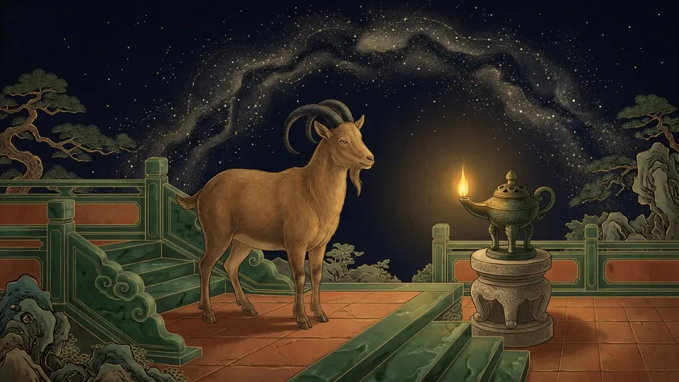 Classical Chinese mineral-pigment illustration of the Fire Goat (丁未 Ding Wei) standing on jade and terracotta mountain terraces beside a glowing bronze oil lamp under the Milky Way